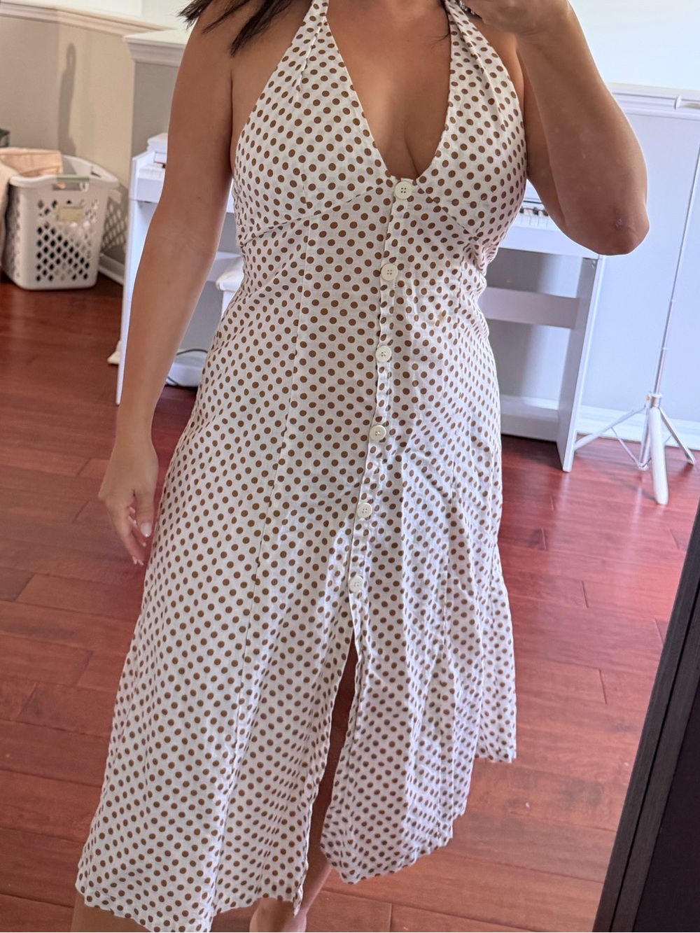 Zara White Halter Midi Dress with Brown Polka Dots